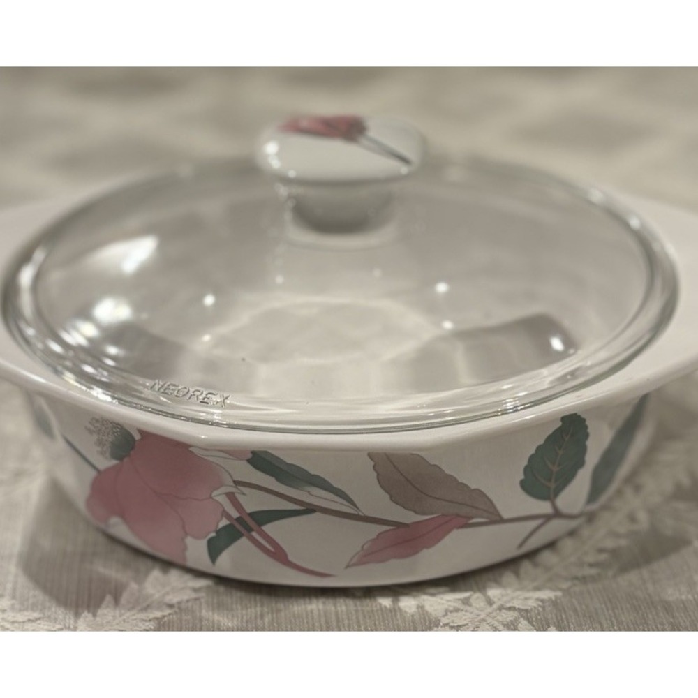 Vtg Mikasa Fire & Ice Silk Flowers Covered Casserole Dish 80's Glass Lid AA009